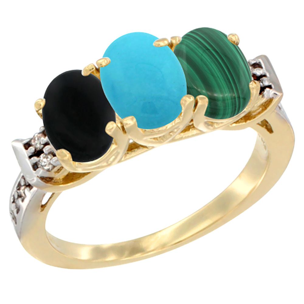 10K Yellow Gold Natural Black Onyx, Turquoise & Malachite Ring 3-Stone Oval 7x5 mm Diamond Accent, sizes 5 - 10