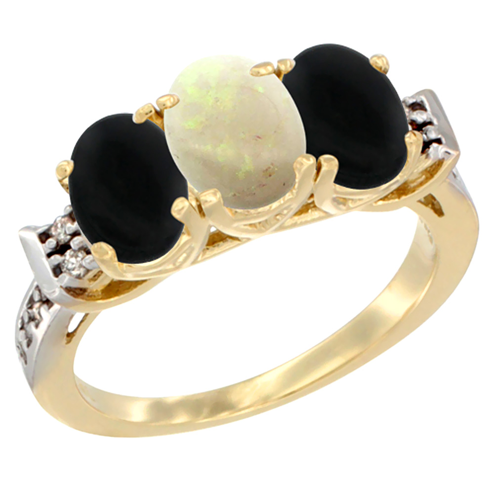 14K Yellow Gold Natural Opal & Black Onyx Sides Ring 3-Stone Oval 7x5 mm Diamond Accent, sizes 5 - 10
