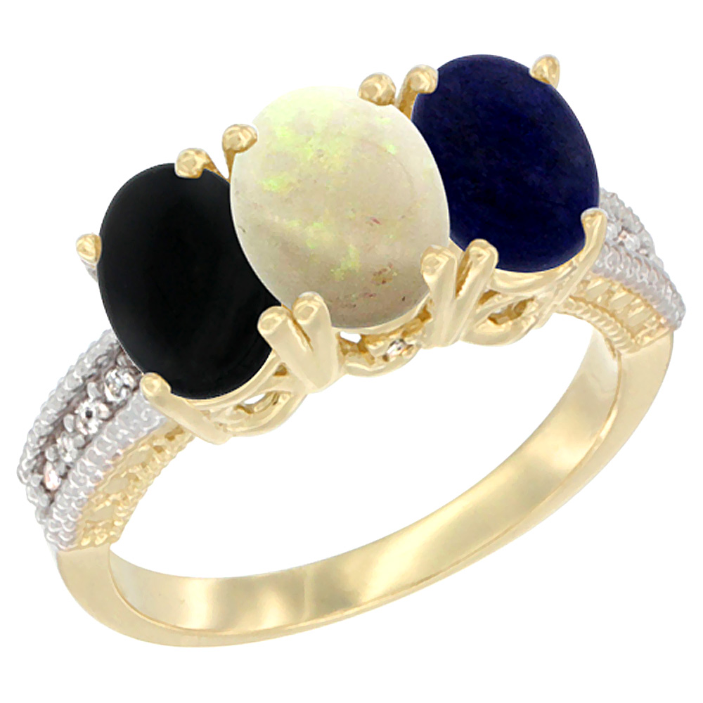 10K Yellow Gold Diamond Natural Black Onyx, Opal & Lapis Ring 3-Stone 7x5 mm Oval, sizes 5 - 10
