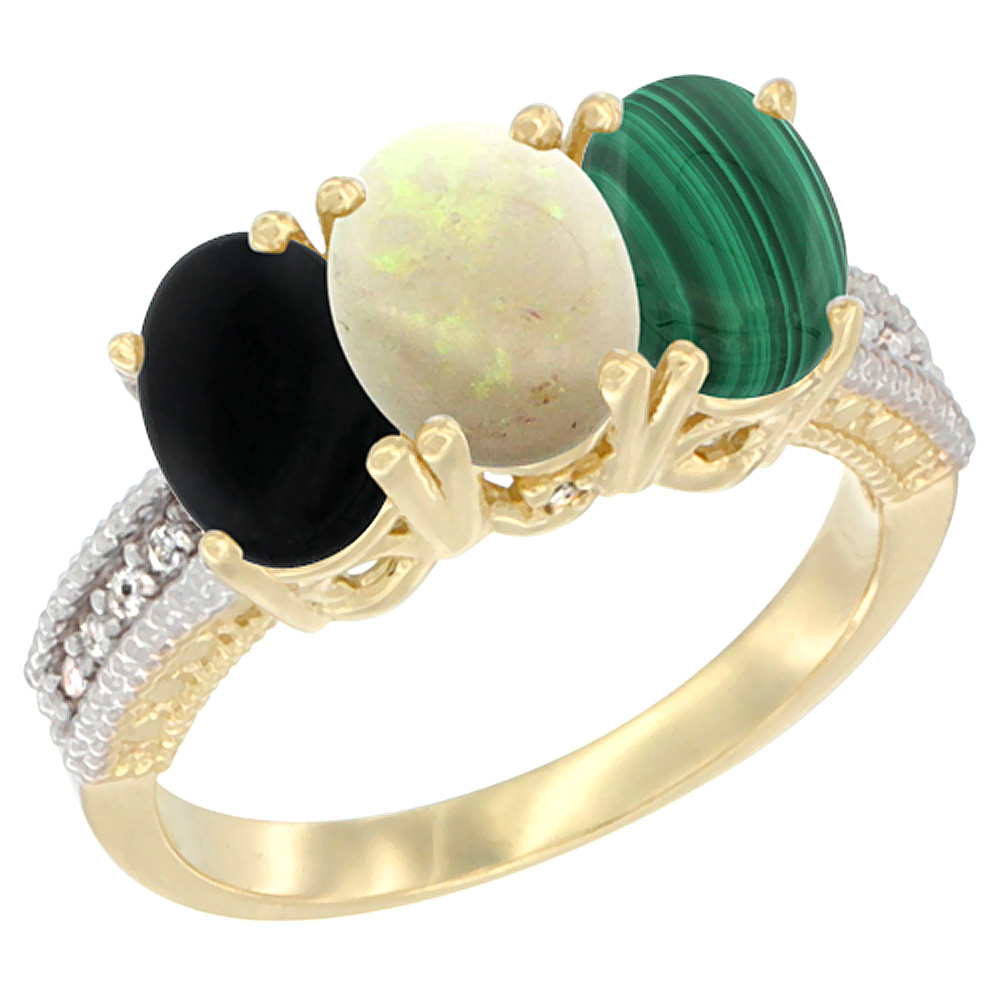 10K Yellow Gold Diamond Natural Black Onyx, Opal & Malachite Ring 3-Stone 7x5 mm Oval, sizes 5 - 10