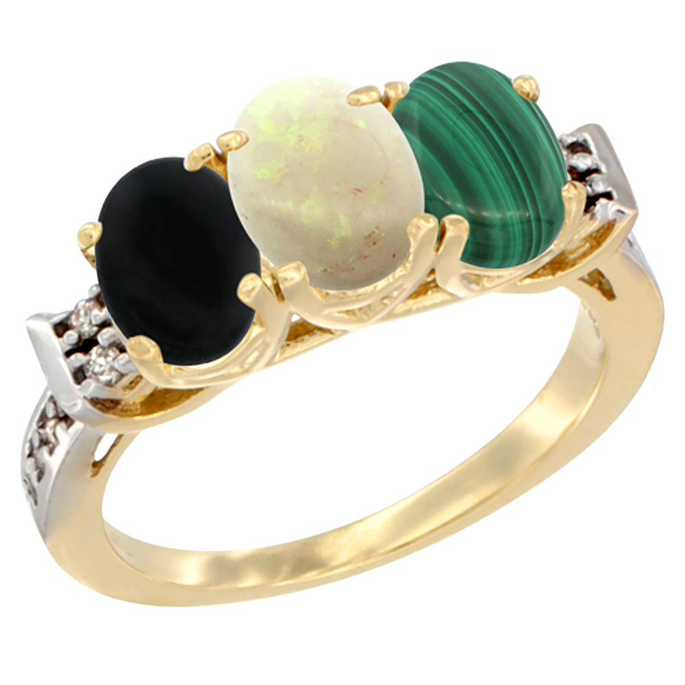 10K Yellow Gold Natural Black Onyx, Opal & Malachite Ring 3-Stone Oval 7x5 mm Diamond Accent, sizes 5 - 10