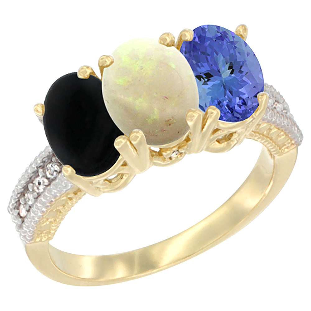 10K Yellow Gold Diamond Natural Black Onyx, Opal & Tanzanite Ring 3-Stone 7x5 mm Oval, sizes 5 - 10