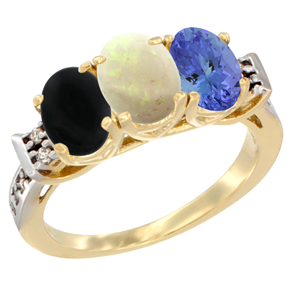 10K Yellow Gold Natural Black Onyx, Opal & Tanzanite Ring 3-Stone Oval 7x5 mm Diamond Accent, sizes 5 - 10