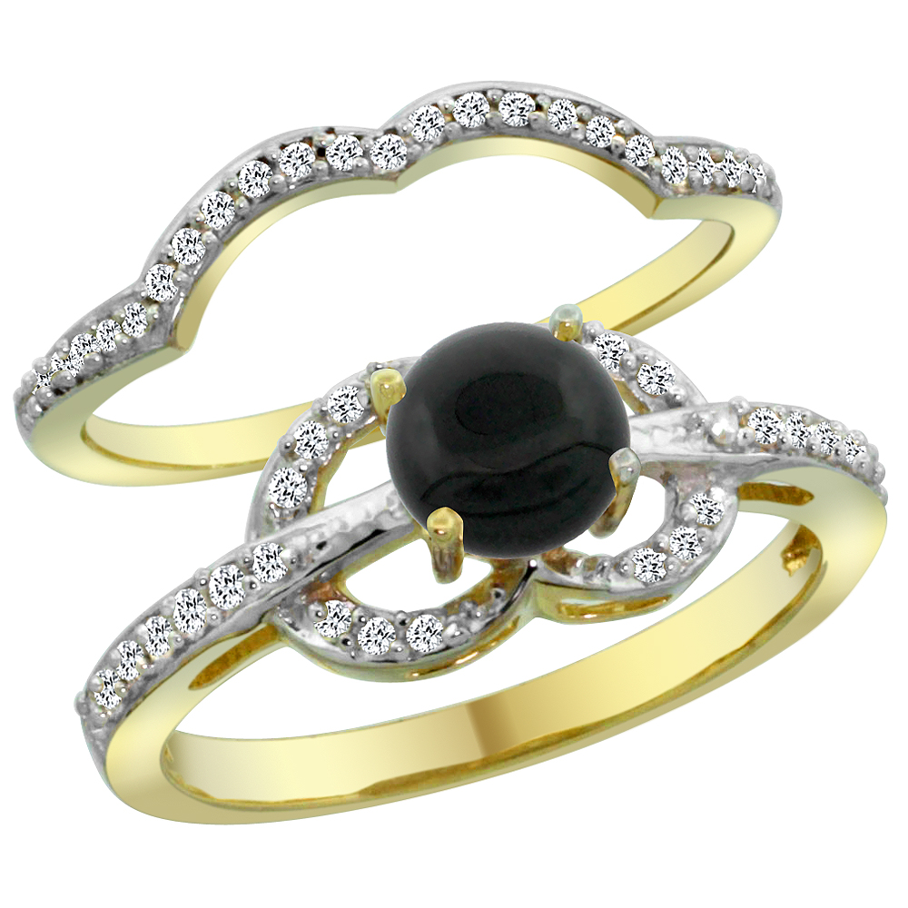 14K Yellow Gold Natural Black Onyx 2-piece Engagement Ring Set Round 6mm, sizes 5 - 10