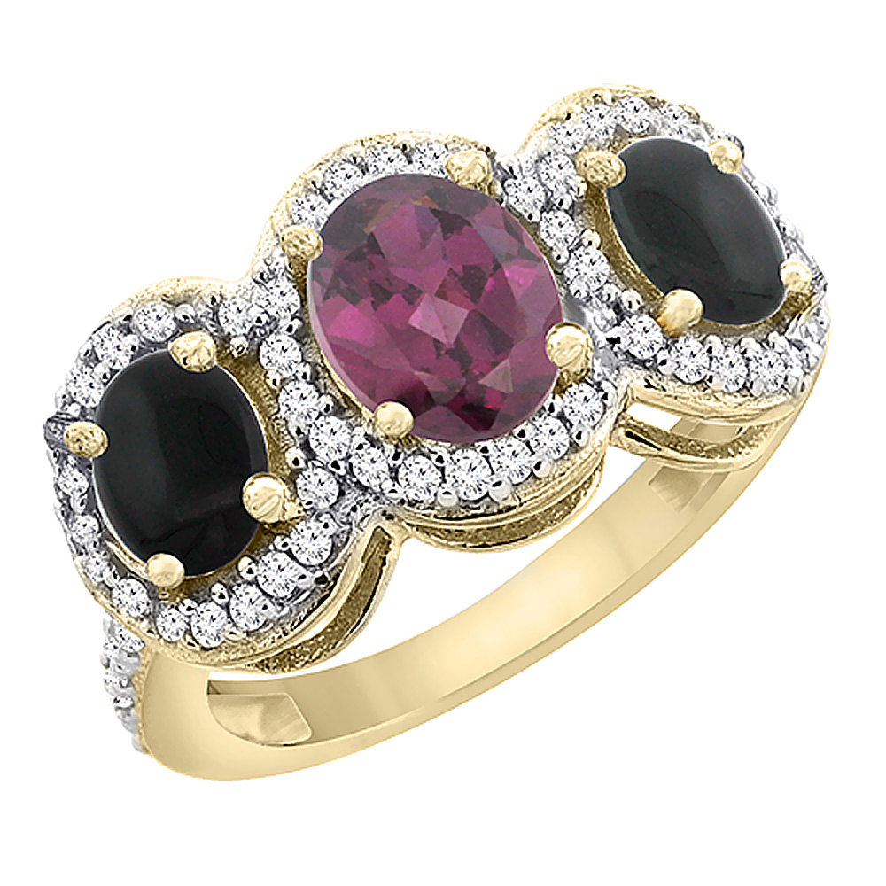 10K Yellow Gold Natural Rhodolite &amp; Black Onyx 3-Stone Ring Oval Diamond Accent, sizes 5 - 10