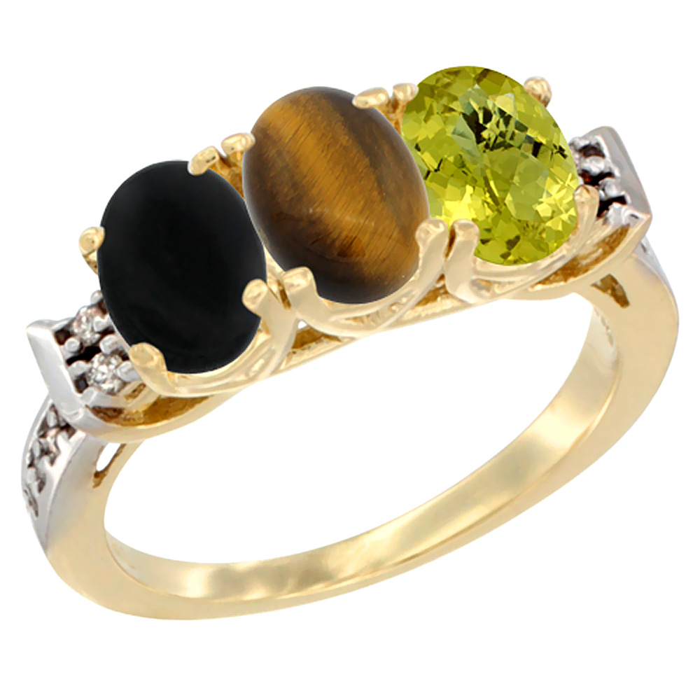 10K Yellow Gold Natural Black Onyx, Tiger Eye &amp; Lemon Quartz Ring 3-Stone Oval 7x5 mm Diamond Accent, sizes 5 - 10