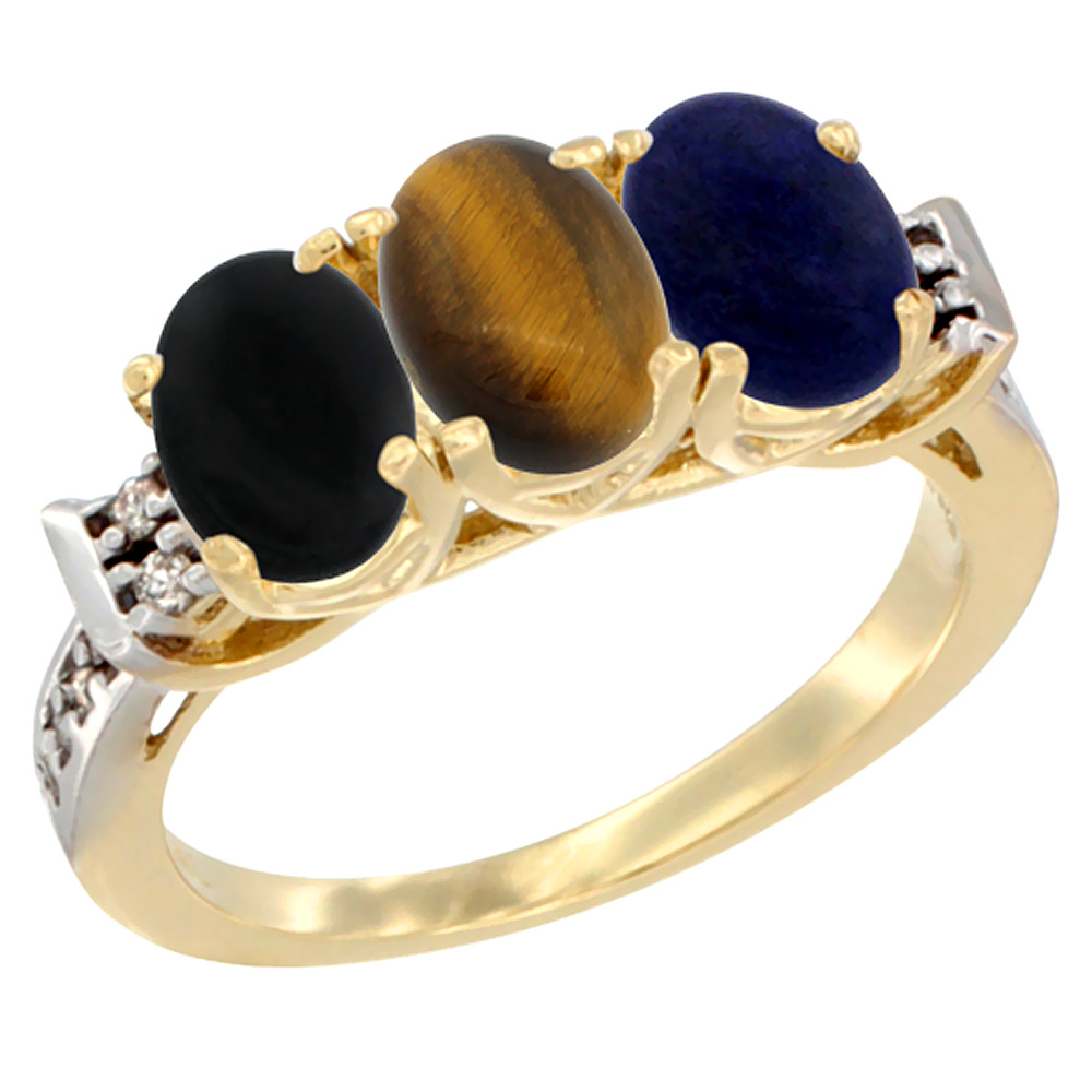 10K Yellow Gold Natural Black Onyx, Tiger Eye &amp; Lapis Ring 3-Stone Oval 7x5 mm Diamond Accent, sizes 5 - 10