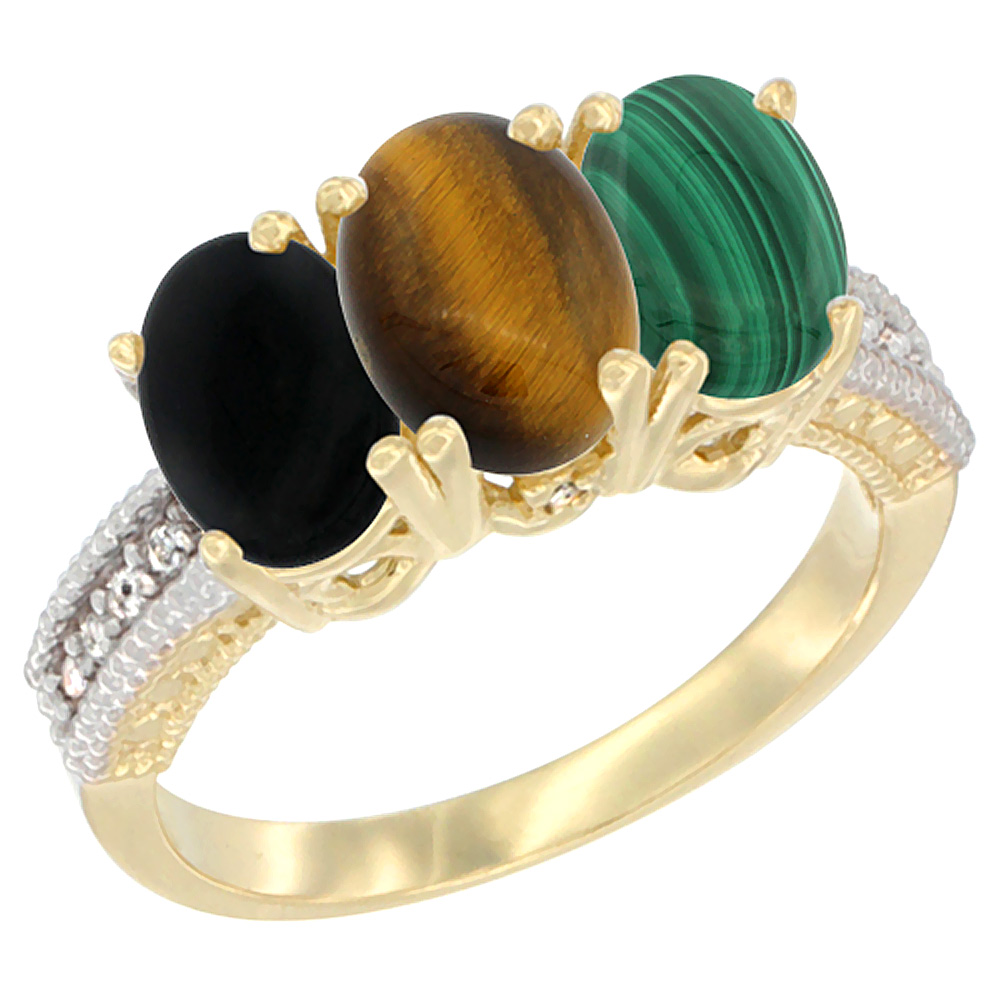 10K Yellow Gold Diamond Natural Black Onyx, Tiger Eye & Malachite Ring 3-Stone 7x5 mm Oval, sizes 5 - 10