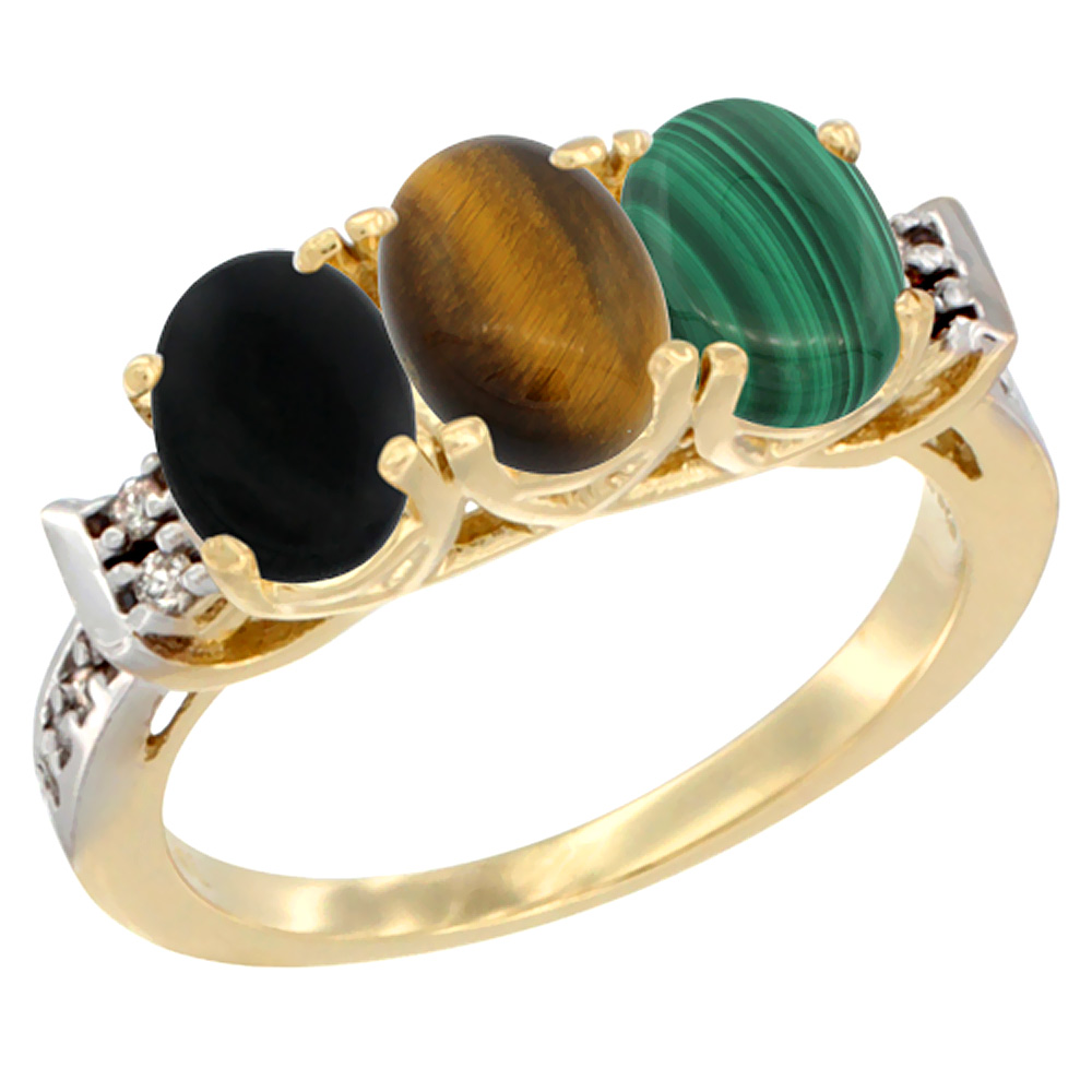 10K Yellow Gold Natural Black Onyx, Tiger Eye & Malachite Ring 3-Stone Oval 7x5 mm Diamond Accent, sizes 5 - 10