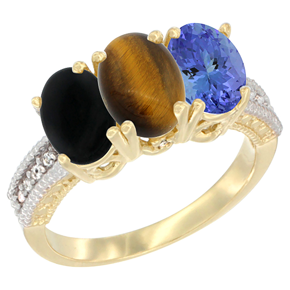 14K Yellow Gold Natural Black Onyx, Tiger Eye & Tanzanite Ring 3-Stone 7x5 mm Oval Diamond Accent, sizes 5 - 10