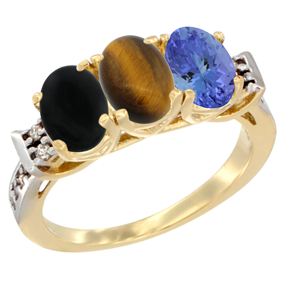 10K Yellow Gold Natural Black Onyx, Tiger Eye &amp; Tanzanite Ring 3-Stone Oval 7x5 mm Diamond Accent, sizes 5 - 10