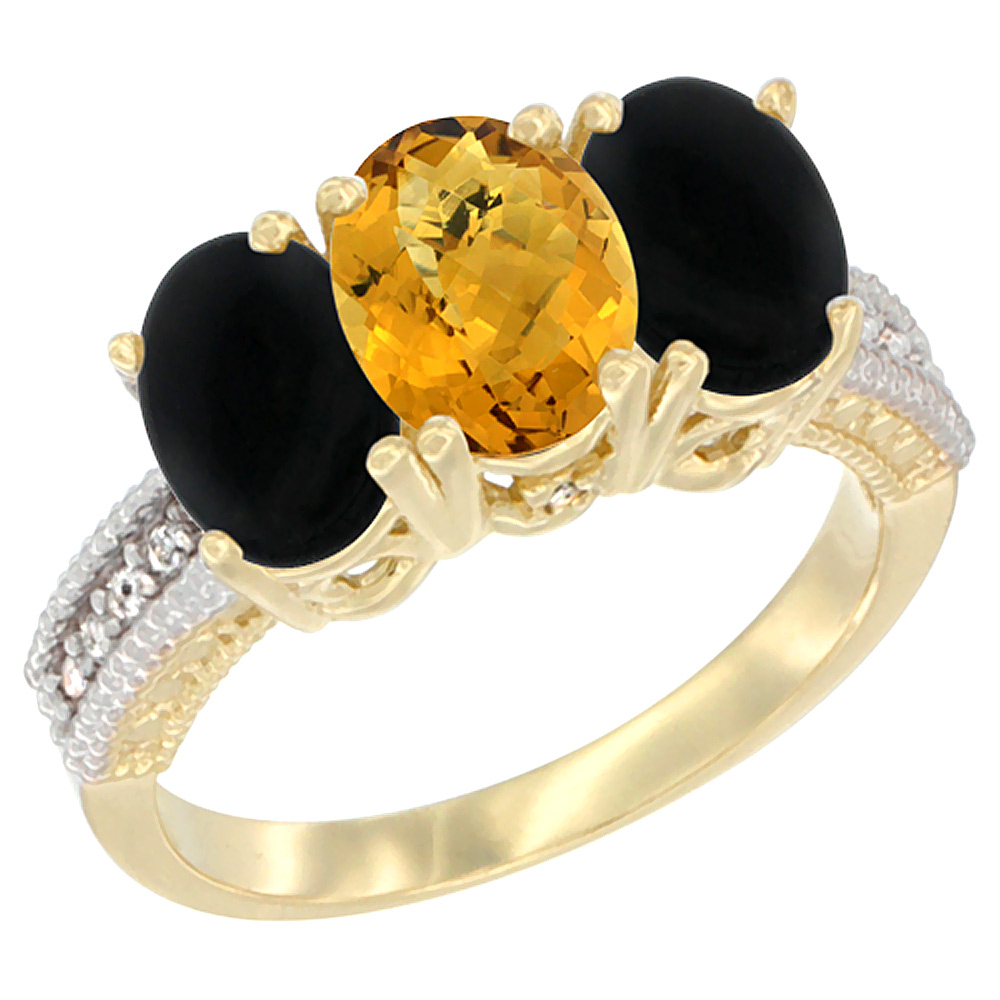 10K Yellow Gold Diamond Natural Whisky Quartz &amp; Black Onyx Ring 3-Stone 7x5 mm Oval, sizes 5 - 10