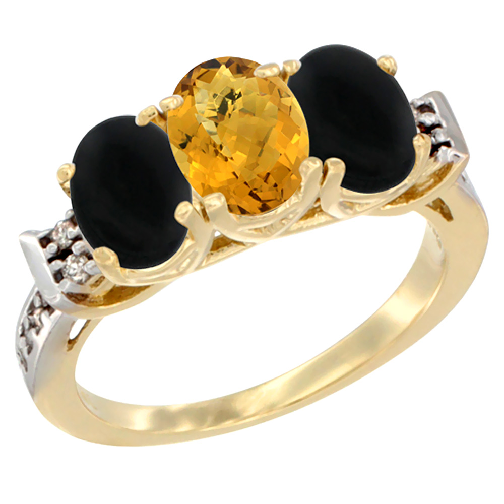 10K Yellow Gold Natural Whisky Quartz & Black Onyx Sides Ring 3-Stone Oval 7x5 mm Diamond Accent, sizes 5 - 10