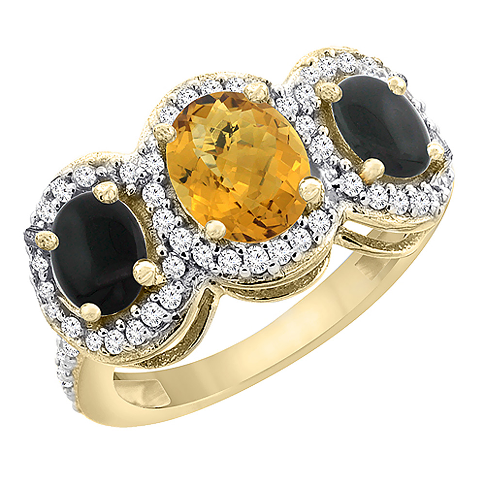 14K Yellow Gold Natural Whisky Quartz & Black Onyx 3-Stone Ring Oval Diamond Accent, sizes 5 - 10