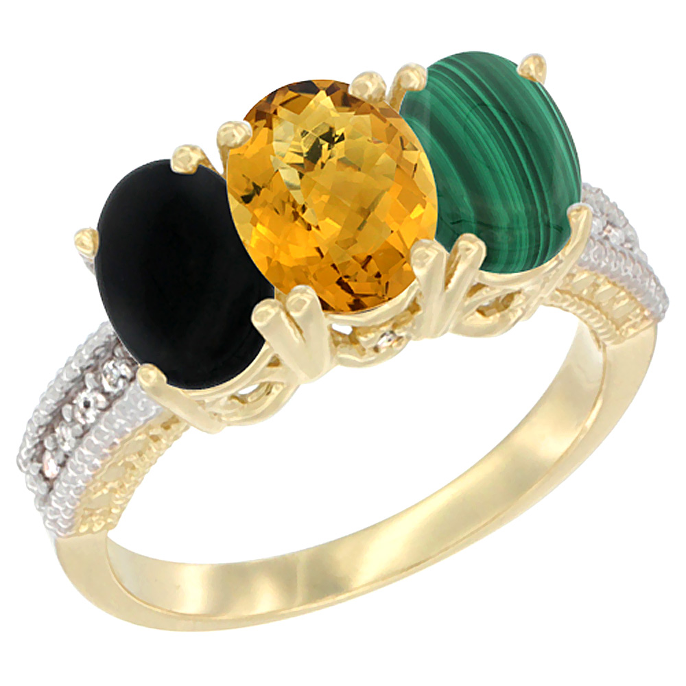 14K Yellow Gold Natural Black Onyx, Whisky Quartz & Malachite Ring 3-Stone 7x5 mm Oval Diamond Accent, sizes 5 - 10