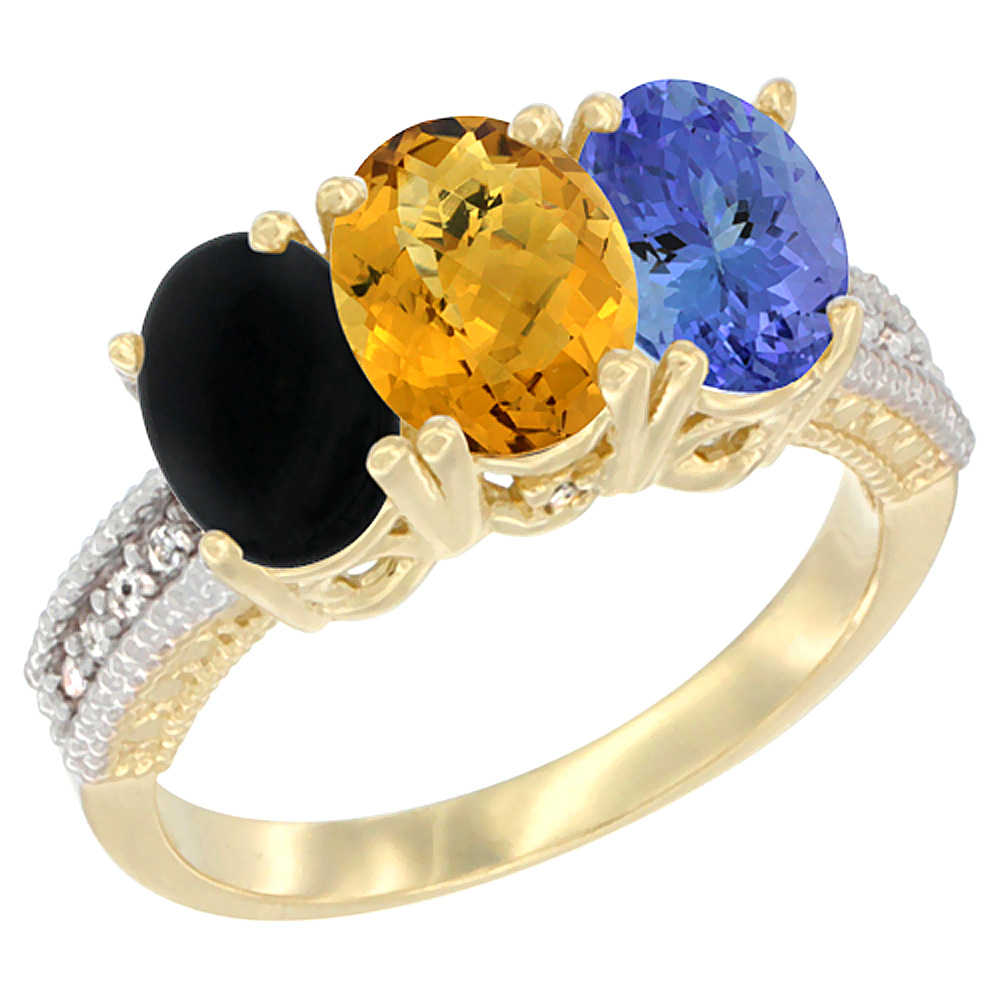 14K Yellow Gold Natural Black Onyx, Whisky Quartz & Tanzanite Ring 3-Stone 7x5 mm Oval Diamond Accent, sizes 5 - 10