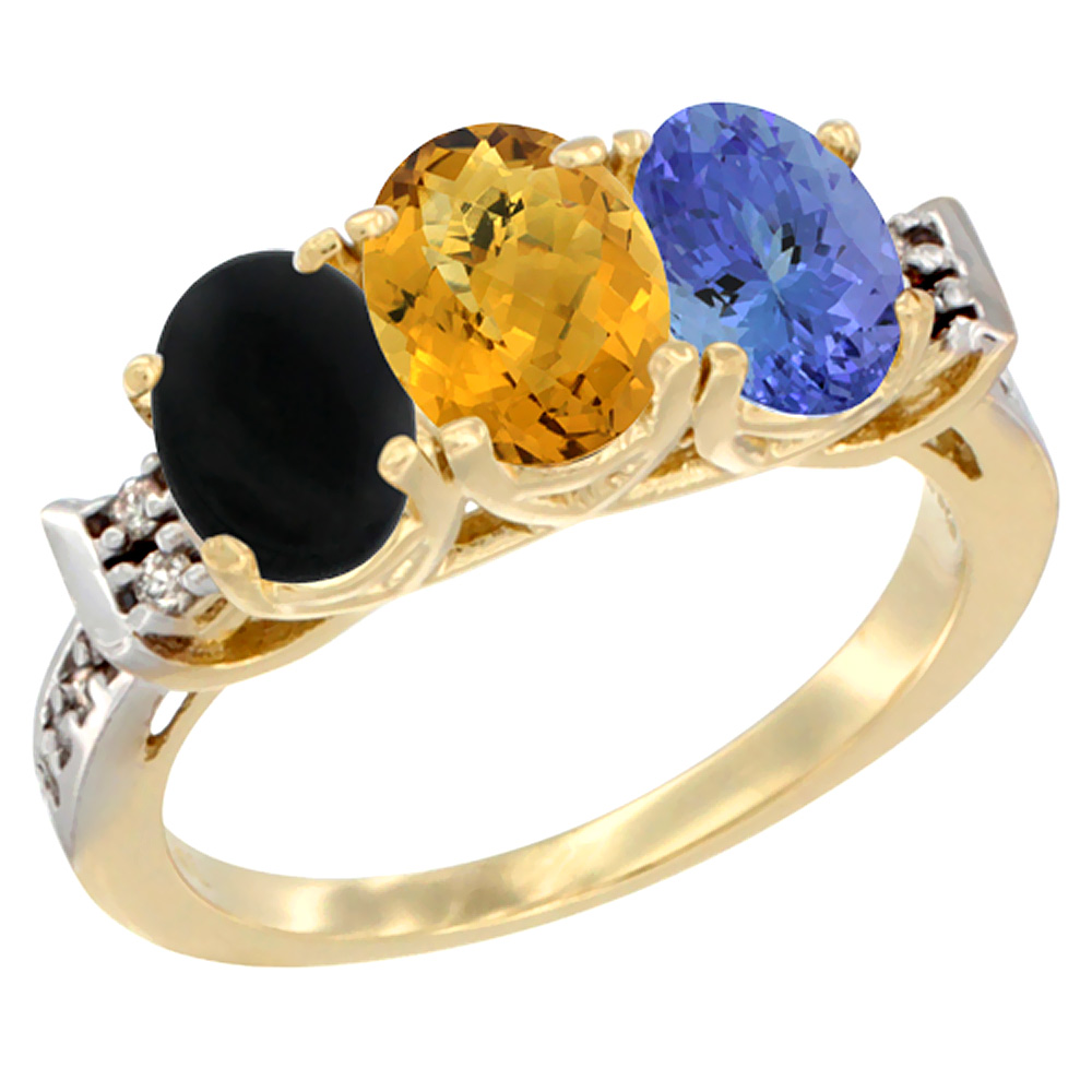 14K Yellow Gold Natural Black Onyx, Whisky Quartz & Tanzanite Ring 3-Stone Oval 7x5 mm Diamond Accent, sizes 5 - 10