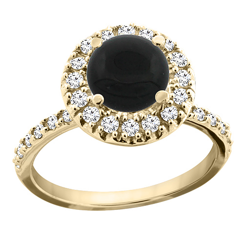 14K Yellow Gold Natural Black Onyx Ring Round 8mm Floating Halo Diamond, sizes 5 - 10