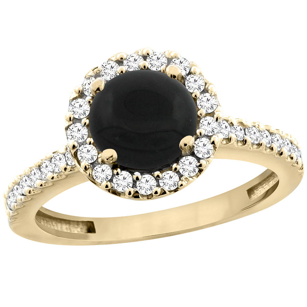 10K Yellow Gold Natural Black Onyx Ring Round 6mm Floating Halo Diamond, sizes 5 - 10