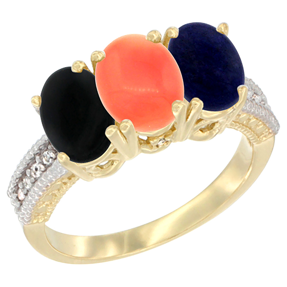 10K Yellow Gold Diamond Natural Black Onyx, Coral & Lapis Ring 3-Stone 7x5 mm Oval, sizes 5 - 10