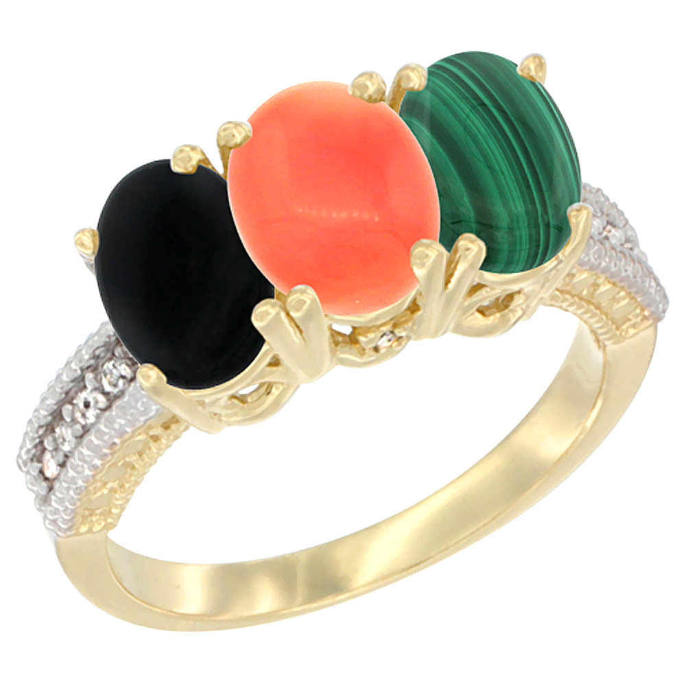 10K Yellow Gold Diamond Natural Black Onyx, Coral & Malachite Ring 3-Stone 7x5 mm Oval, sizes 5 - 10