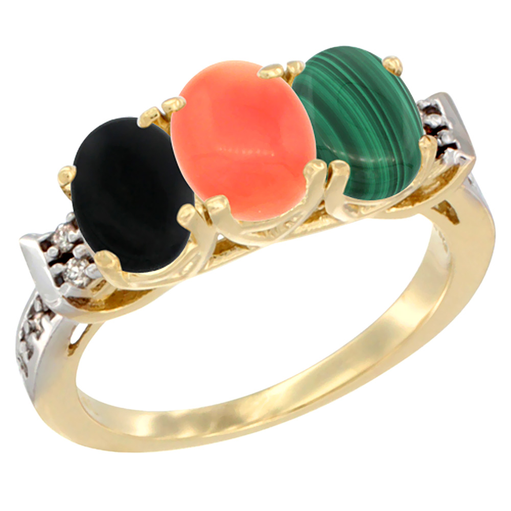 10K Yellow Gold Natural Black Onyx, Coral & Malachite Ring 3-Stone Oval 7x5 mm Diamond Accent, sizes 5 - 10