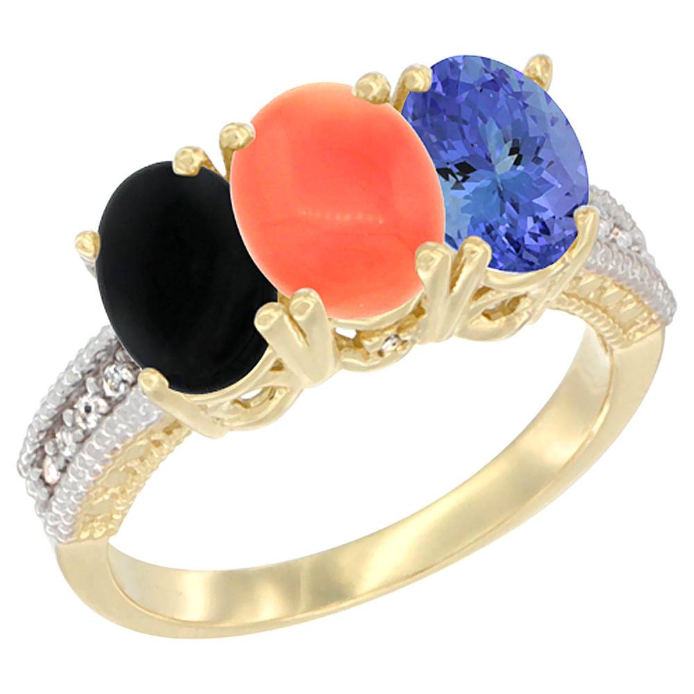 10K Yellow Gold Diamond Natural Black Onyx, Coral & Tanzanite Ring 3-Stone 7x5 mm Oval, sizes 5 - 10