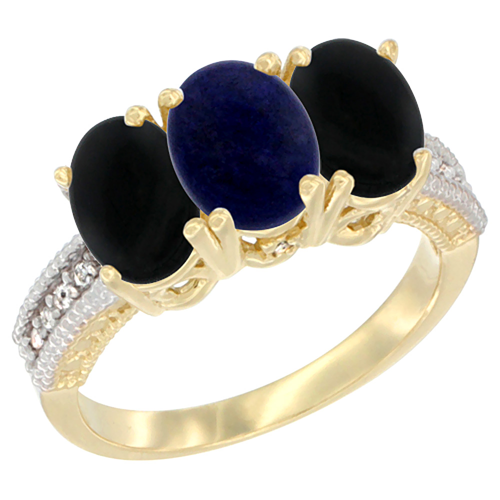 10K Yellow Gold Diamond Natural Lapis & Black Onyx Ring 3-Stone 7x5 mm Oval, sizes 5 - 10