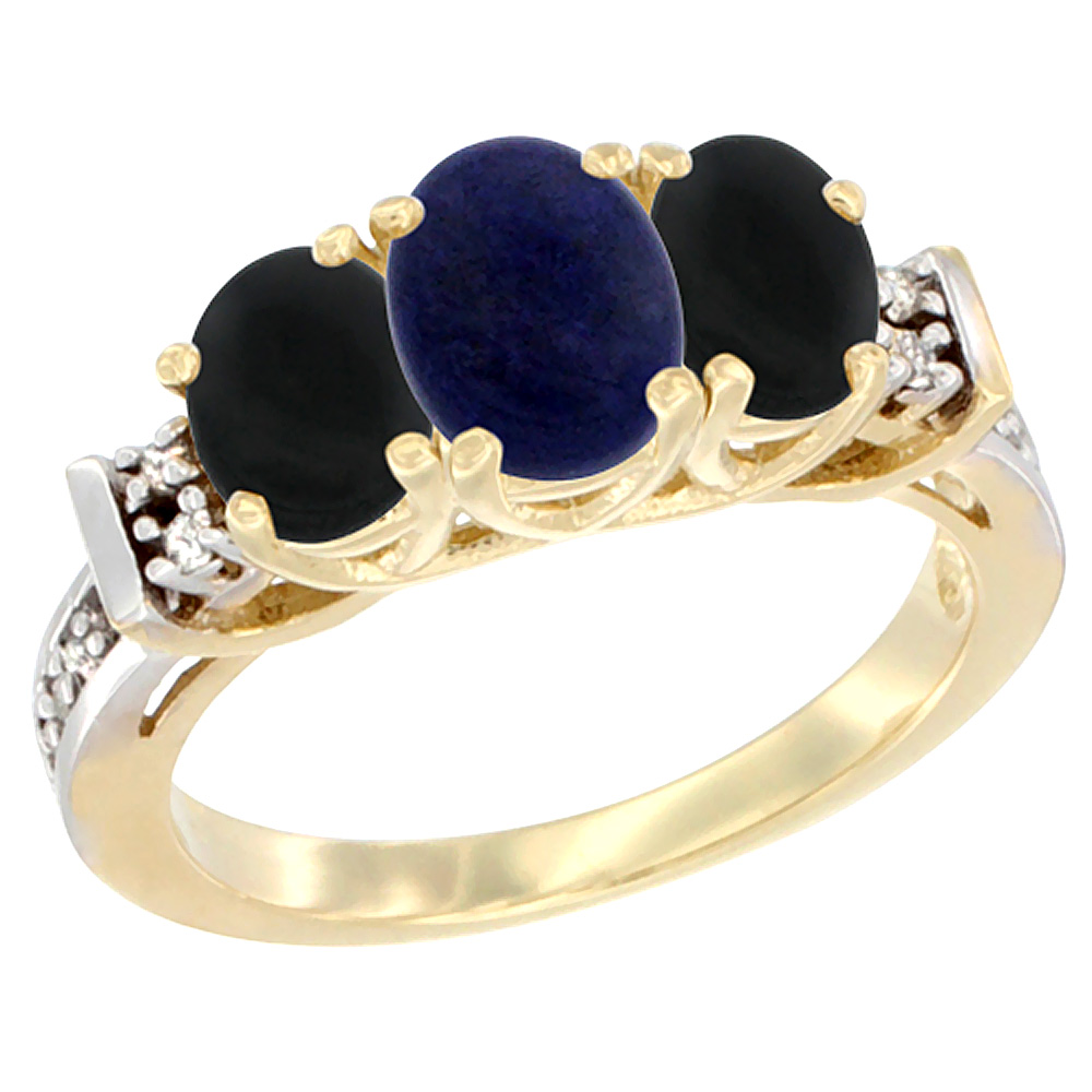 10K Yellow Gold Natural Lapis & Black Onyx Ring 3-Stone Oval Diamond Accent