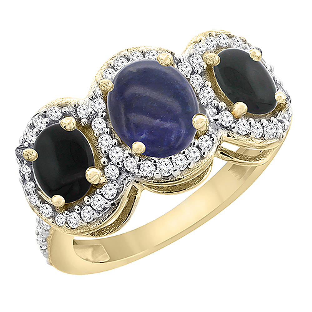 10K Yellow Gold Natural Lapis &amp; Black Onyx 3-Stone Ring Oval Diamond Accent, sizes 5 - 10