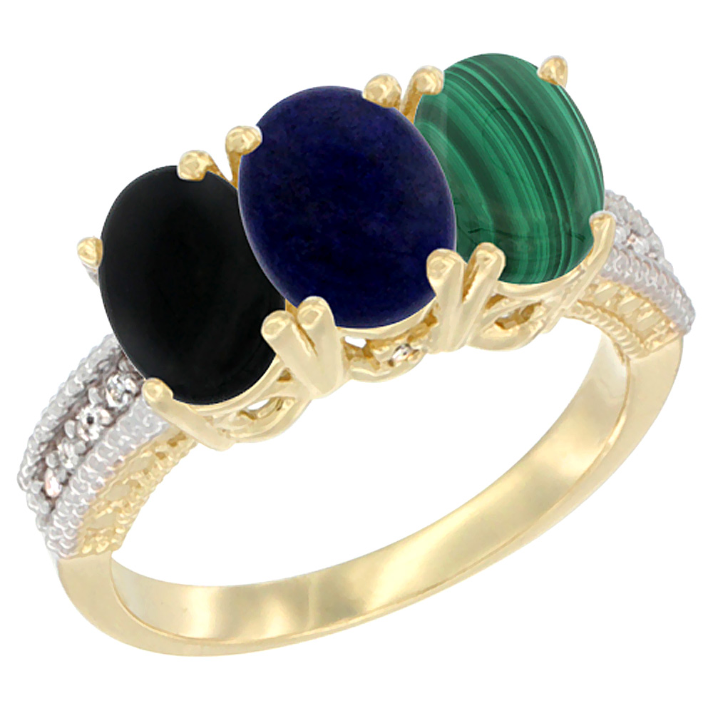 10K Yellow Gold Diamond Natural Black Onyx, Lapis & Malachite Ring 3-Stone 7x5 mm Oval, sizes 5 - 10