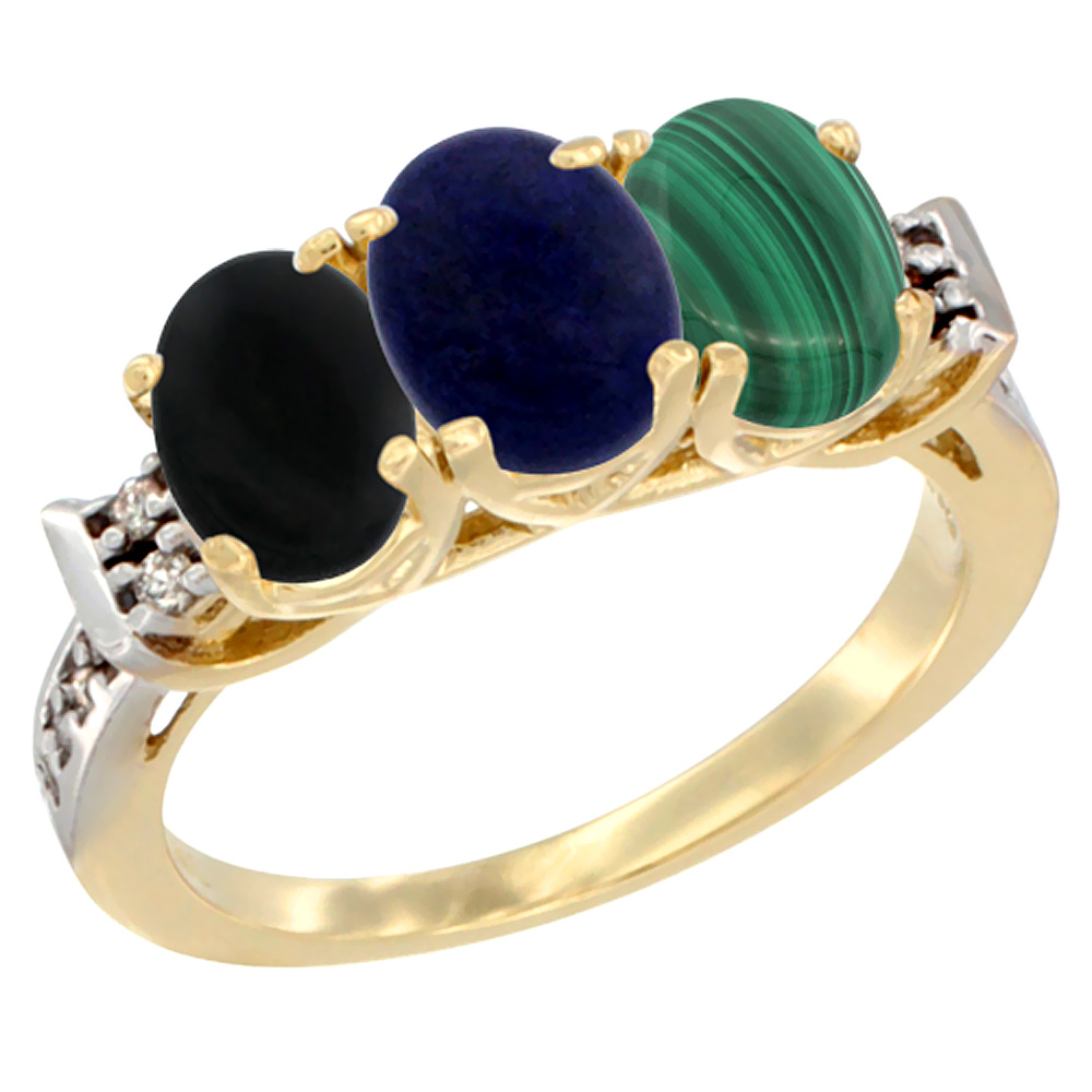 14K Yellow Gold Natural Black Onyx, Lapis & Malachite Ring 3-Stone Oval 7x5 mm Diamond Accent, sizes 5 - 10