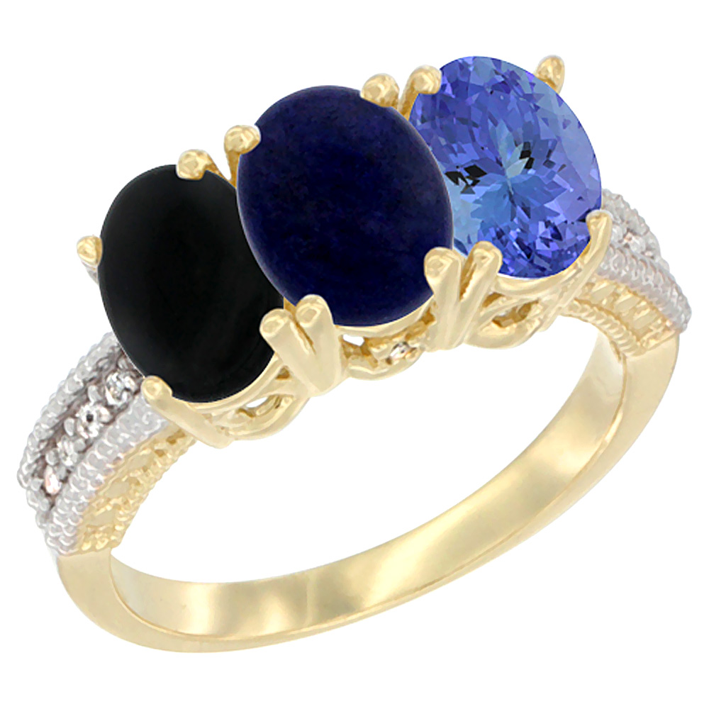 14K Yellow Gold Natural Black Onyx, Lapis &amp; Tanzanite Ring 3-Stone 7x5 mm Oval Diamond Accent, sizes 5 - 10