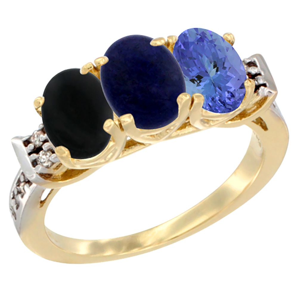 14K Yellow Gold Natural Black Onyx, Lapis &amp; Tanzanite Ring 3-Stone Oval 7x5 mm Diamond Accent, sizes 5 - 10