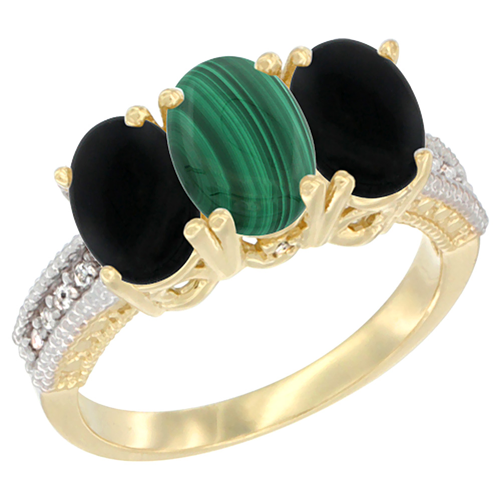 14K Yellow Gold Natural Malachite &amp; Black Onyx Sides Ring 3-Stone 7x5 mm Oval Diamond Accent, sizes 5 - 10