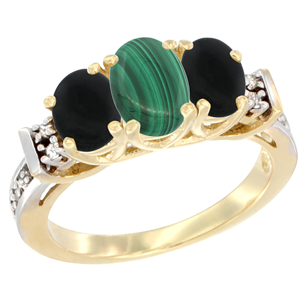 14K Yellow Gold Natural Malachite &amp; Black Onyx Ring 3-Stone Oval Diamond Accent