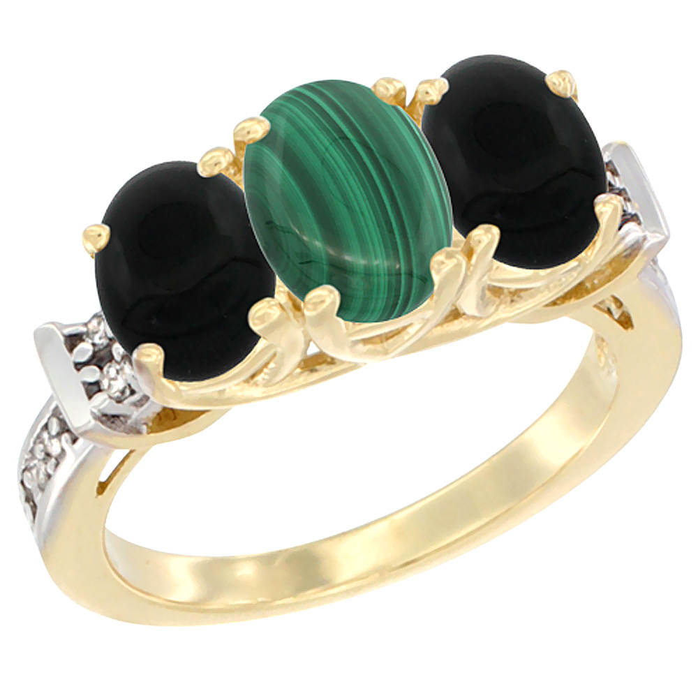 10K Yellow Gold Natural Malachite & Black Onyx Sides Ring 3-Stone Oval Diamond Accent, sizes 5 - 10