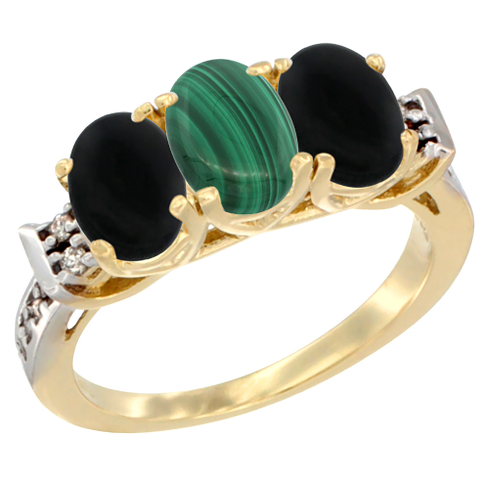 10K Yellow Gold Natural Malachite &amp; Black Onyx Sides Ring 3-Stone Oval 7x5 mm Diamond Accent, sizes 5 - 10