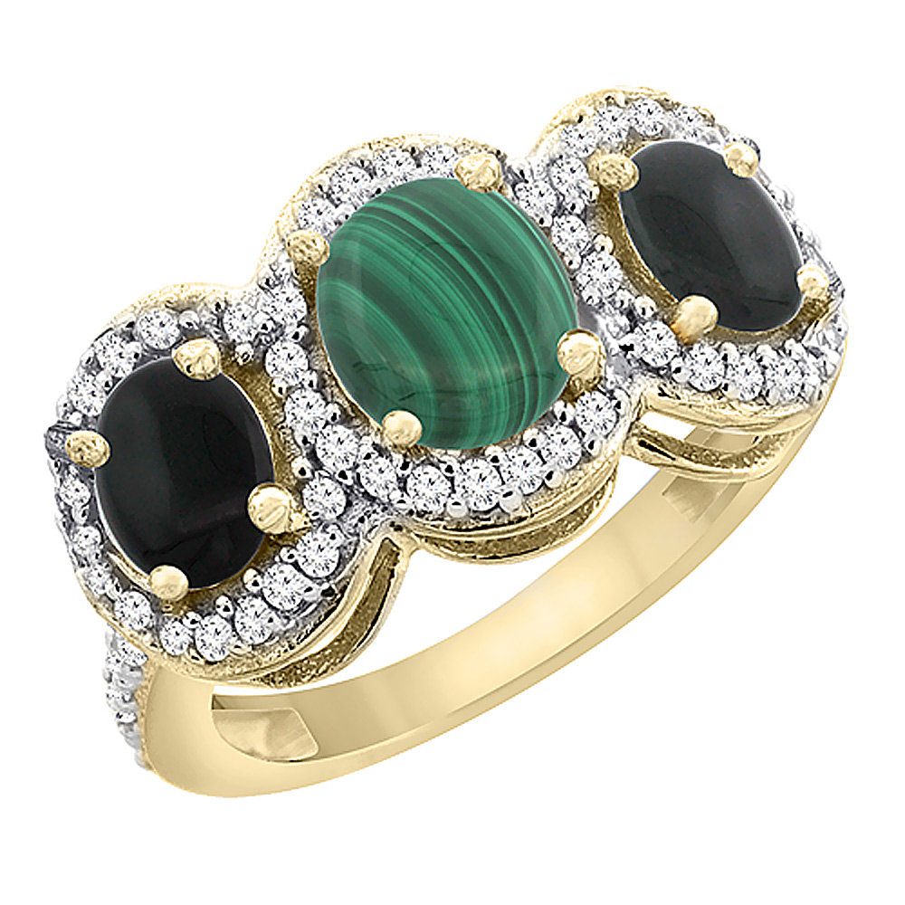 14K Yellow Gold Natural Malachite &amp; Black Onyx 3-Stone Ring Oval Diamond Accent, sizes 5 - 10