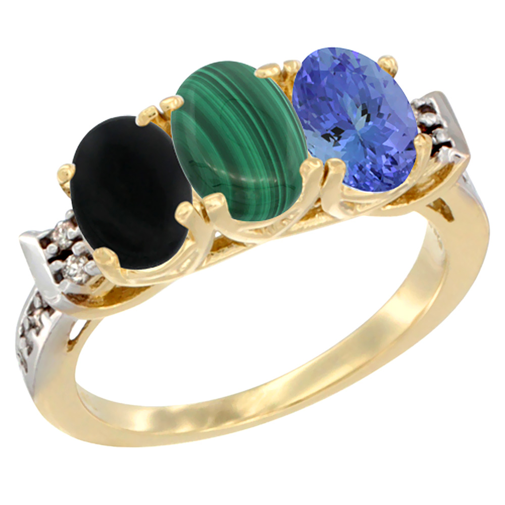 10K Yellow Gold Natural Black Onyx, Malachite & Tanzanite Ring 3-Stone Oval 7x5 mm Diamond Accent, sizes 5 - 10