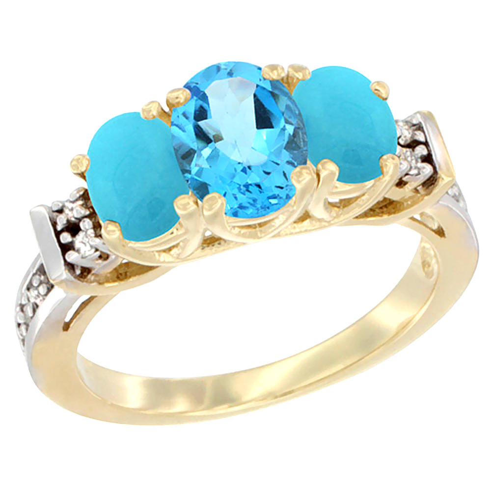 14K Yellow Gold Natural Swiss Blue Topaz &amp; Turquoise Ring 3-Stone Oval Diamond Accent