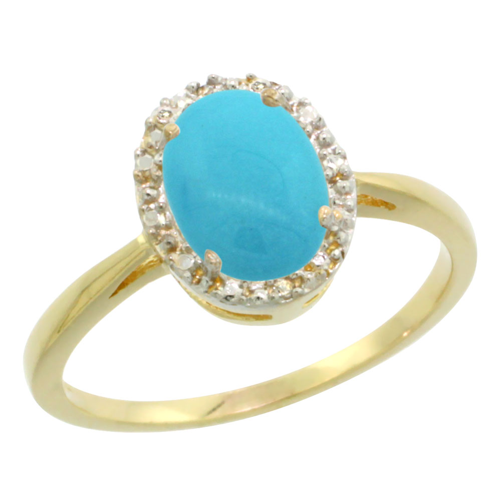 14K Yellow Gold Natural Sleeping Beauty Turquoise Diamond Halo Ring Oval 8X6mm, sizes 5-10