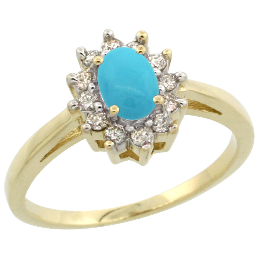 14K Yellow Gold Natural Sleeping Beauty Turquoise Flower Diamond Halo Ring Oval 6x4 mm, sizes 5-10