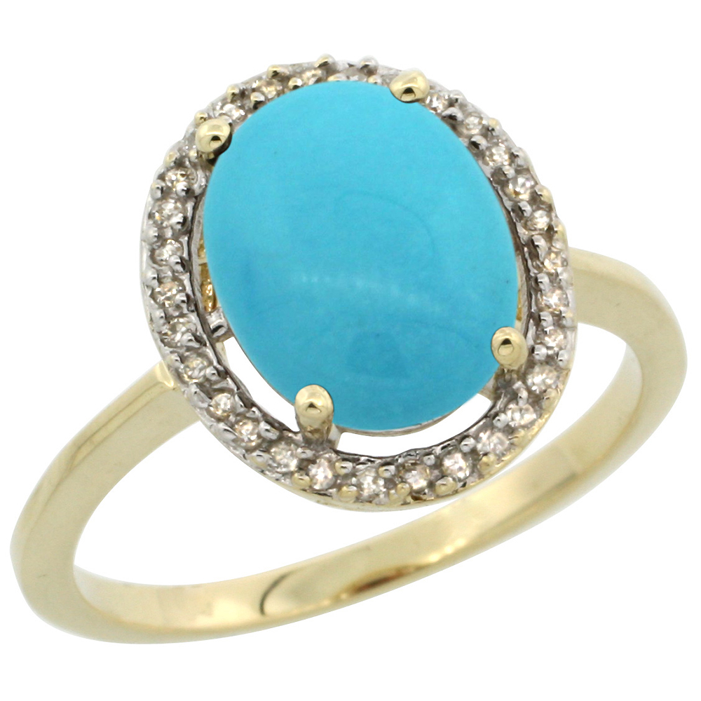 10K Yellow Gold Natural Diamond Sleeping Beauty Turquoise Halo Engagement Ring Oval 10x8 mm, sizes 5 10