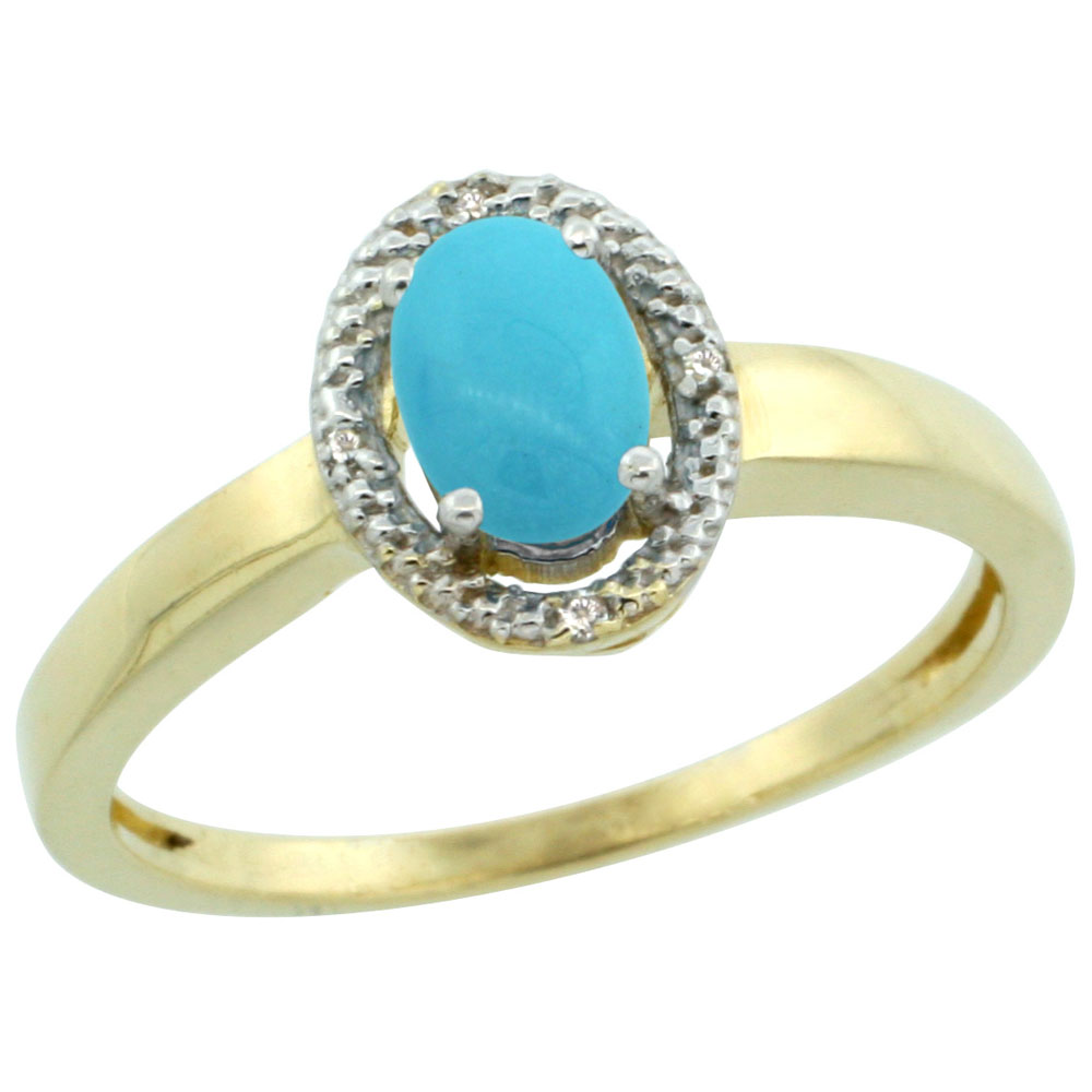14K Yellow Gold Natural Diamond Halo Sleeping Beauty Turquoise Engagement Ring Oval 6X4 mm, sizes 5-10