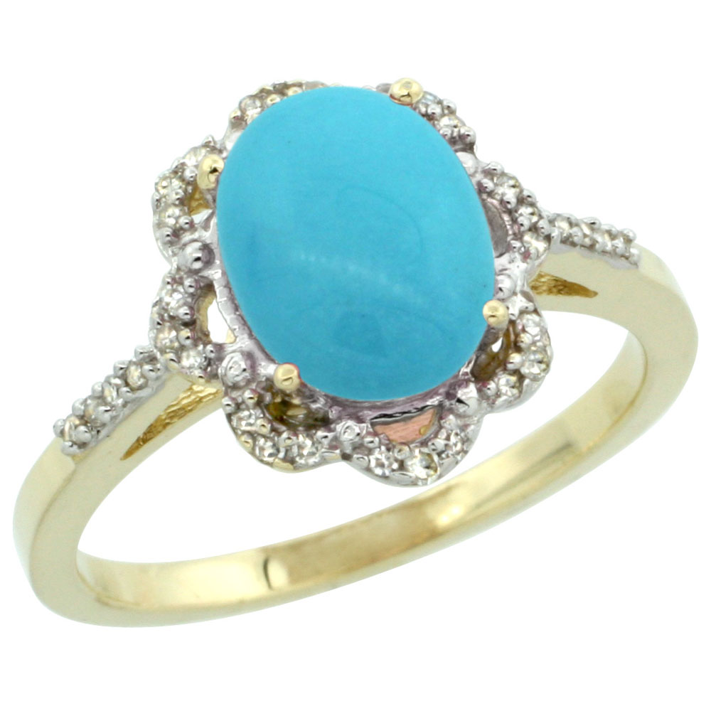10K Yellow Gold Natural Diamond Halo Turquoise Engagement Ring Oval 9x7mm, sizes 5-10