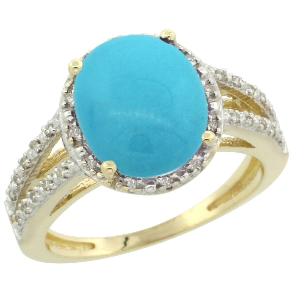 10K Yellow Gold Diamond Natural Sleeping Beauty Turquoise Ring Oval 11x9mm, sizes 5-10