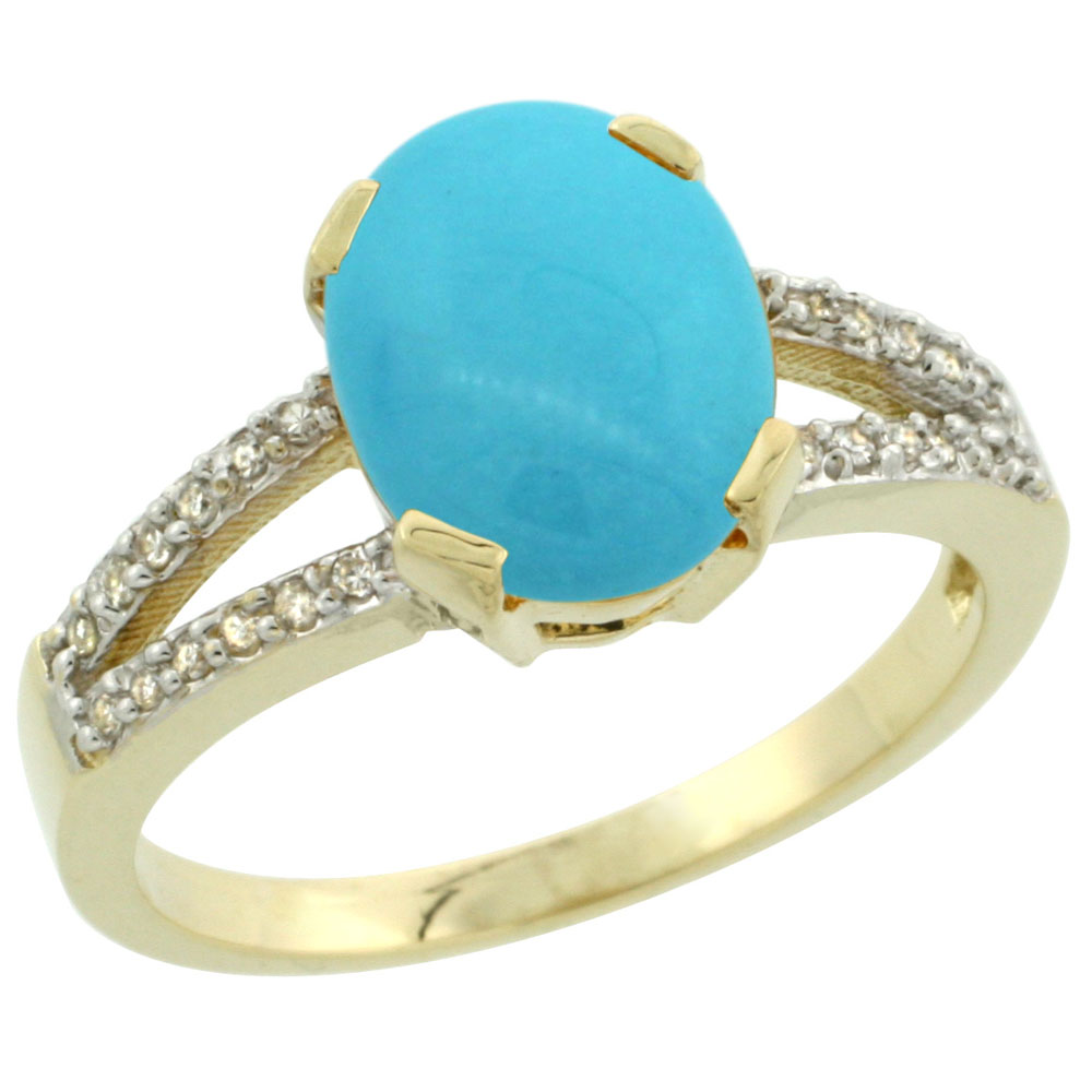 10K Yellow Gold Natural Diamond Sleeping Beauty Turquoise Engagement Ring Oval 10x8mm, sizes 5-10