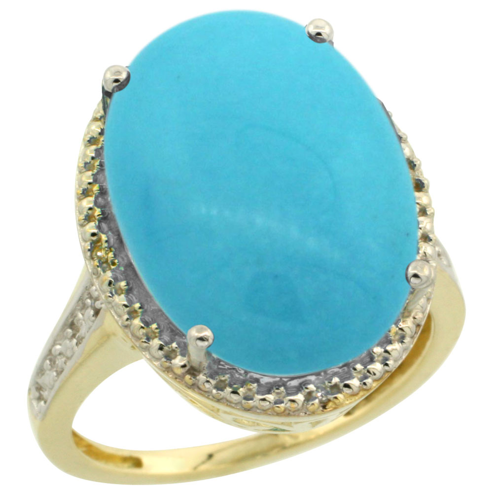 14K Yellow Gold Natural Diamond Sleeping Beauty Turquoise Ring Oval 18x13mm, sizes 5-10