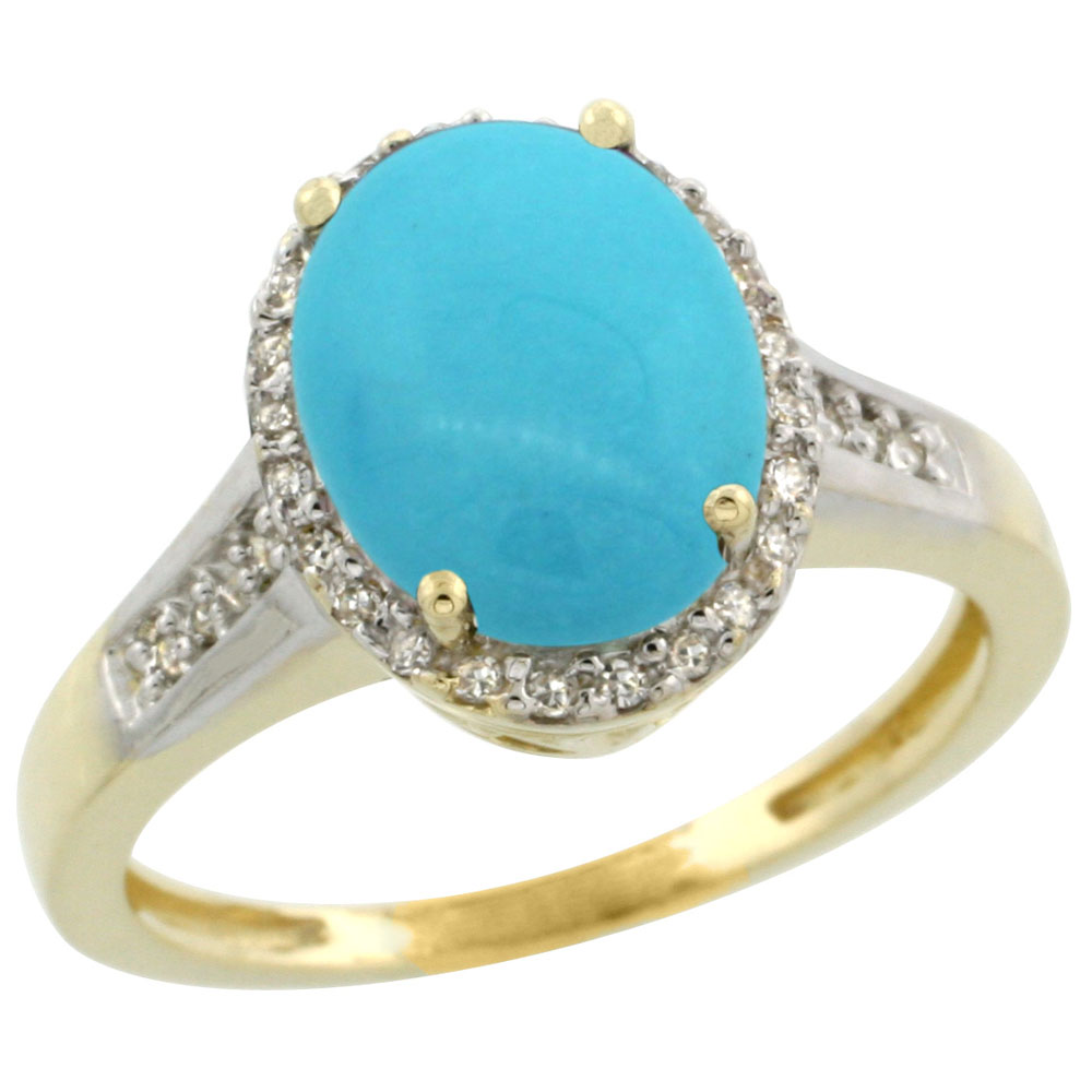 14K Yellow Gold Natural Diamond Sleeping Beauty Turquoise Engagement Ring Oval 10x8mm, sizes 5-10